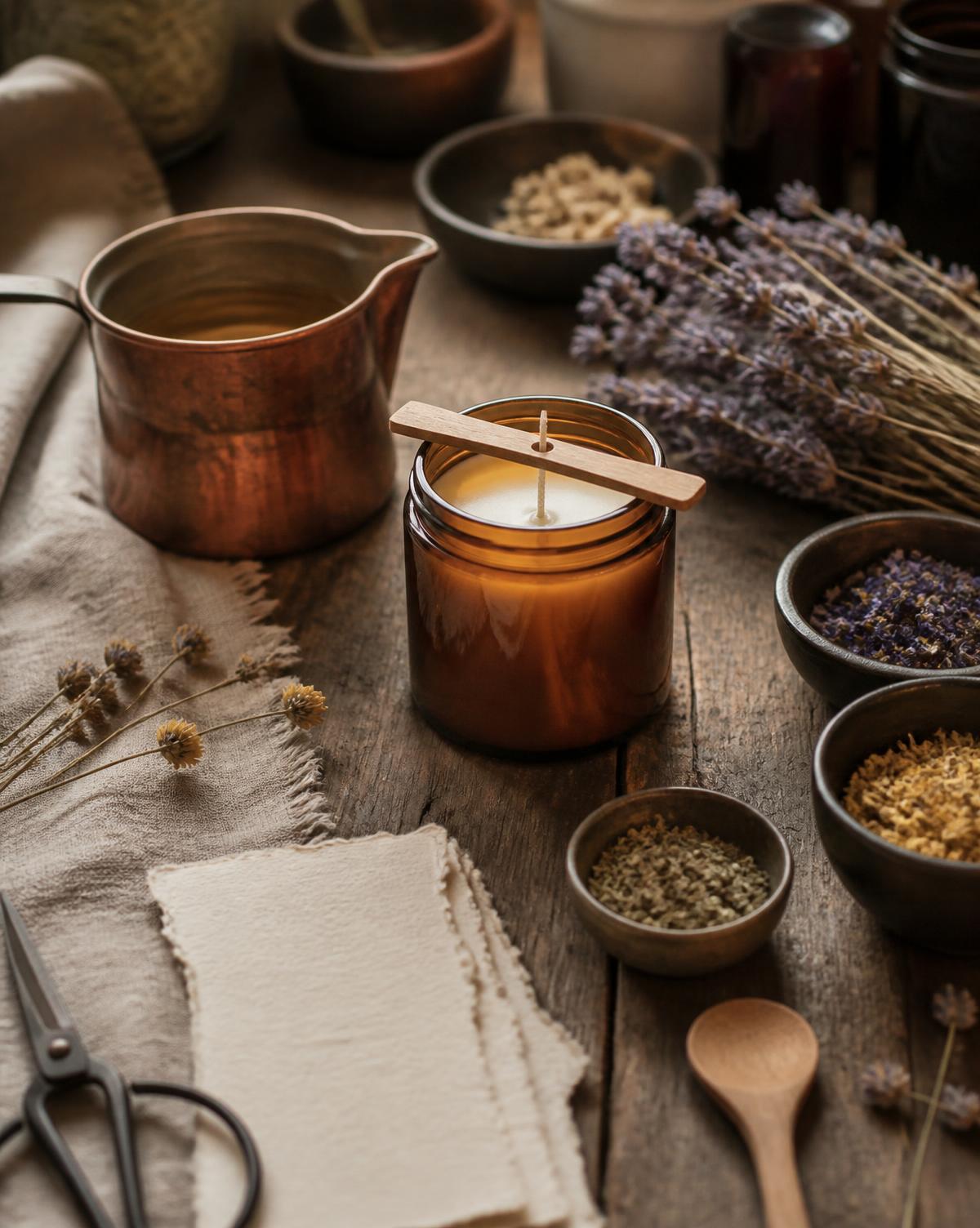 Bancada do ateliê da Luz & Aroma: vela em vidro âmbar sendo finalizada, panela de cobre, lavanda seca e papel artesanal